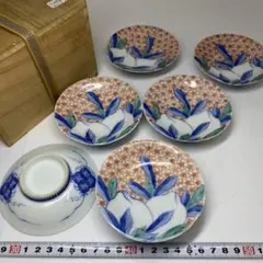 時代　色鍋島　小皿6枚　木箱付　直径9.7㎝　東さ7-0323①
