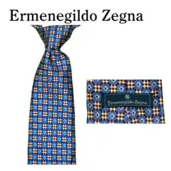 【美品】ゼニア ネクタイ シルク100% ブルー系 総柄 イタリア製