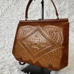 ヴィンテージ カービング風 レザー ハンドバッグ 型押し レトロ