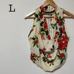 【L】花柄 ノースリーブ トップス オシャレ 可愛い クリーム 赤 カジュアル