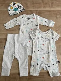 ムーミン柄ロンパースセット（ボディスーツ2着、パンツ1着、帽子1つ）　0-2M