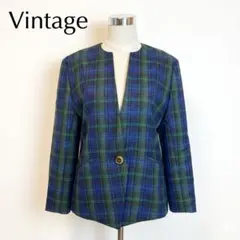 ヴィンテージ ノーカラージャケット 日本製 タータンチェックM おしゃれレトロ