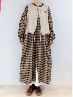 サマンサモスモス　チェック柄ロングワンピース　2WAY キャメル✖️紺色