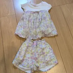 【美品】petit main 花柄トップスとパンツセット 90cm　セットアップ
