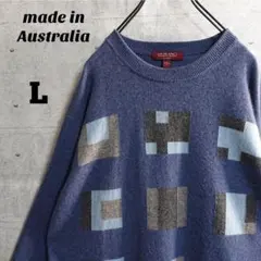 個性派古着★幾何学柄 クルー デザインニット くすみ青 L オーストラリア製