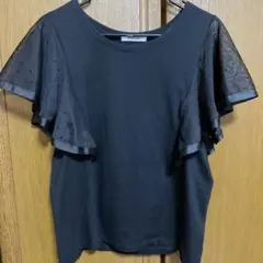 シースルー フリル袖 水玉 ブラックTシャツ L しまむら