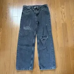 ダメージ加工 ダークグレー ワイドレッグデニム