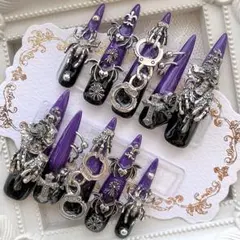 ネイルチップ 量産型 地雷 サブカル 天使界隈 紫 黒 ドクロ 十字架 蜘蛛