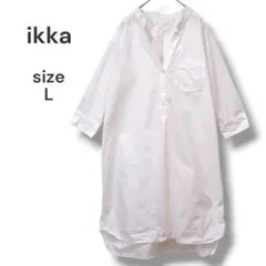 ikka　ノーカラーシャツワンピース　L　ホワイト　洗える　コットン100　古着のサムネイル
