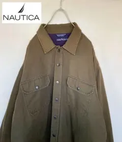 90s ノーティカ肉厚シャツ長袖アウター ビッグシルエット深緑 裏地紫