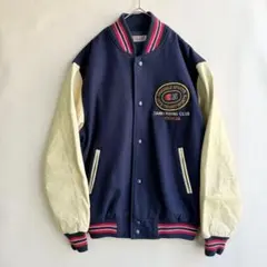 ビンテージ　日本製　80s スタジャン　袖レザー　本革　ネイビー　L