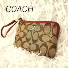 【COACH】コーチ　ロゴポーチ　ベージュ/レッド　シグネチャー　小物入