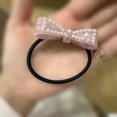 ヘアゴム★もふもふさんfloats!Moff Closetリボン　パール　ピンク