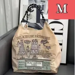 【在庫僅か！】エコバッグ　ベージュ　Mサイズ　刺繍　人気　マカロン　おしゃれ