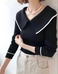 IENA ファインウール ショールカラーリブプルオーバー　ブラック×ホワイト