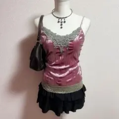 y2k 平成 姫ギャル フェアリーグランジ ベロアレースキャミ ラインストーン