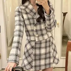 GRL ショート丈ジャケット×ミニスカートチェック柄ツイードセットアップ
