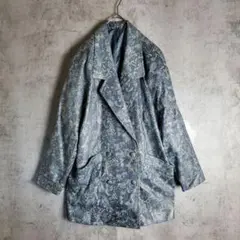 【ヴィンテージ】古着 レザーコート ダブル 総柄 裏地総柄 青水色 本革 レトロ