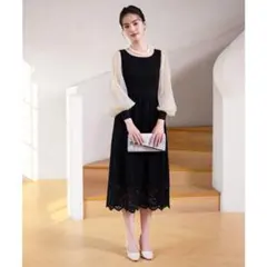 【新品未使用】Cinderella 総レース 長袖ワンピース ドレス Mブラック