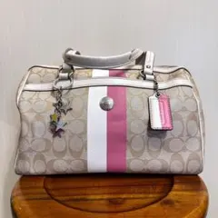 COACH　トートバッグ　ベージュ系　白・ピンクライン　内側ピンク　bg205