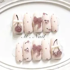 ネイルチップ フレンチガーリー リボン ピンク さくらんぼネイル 量産型 韓国