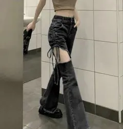 レディース ホロー ドローストリング フレイドヘム フレアレッグジーンズ