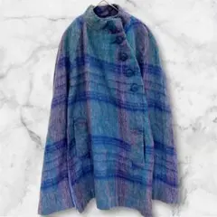 コート【FREE】青紫 チェック柄 ウールコート 長袖 ボタン ポンチョ