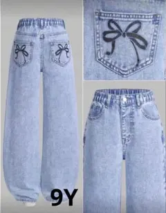 【新品未使用】リボン刺繍付きライトブルーバギーパンツ