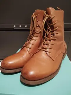 本革レースアップブーツ ジッパー付きキャメル24cm