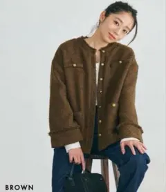 BASEMENT online ゴールドボタンツイードジャケット　ブラウン