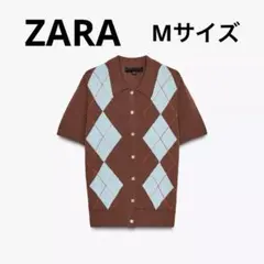 ZARA ダイヤモンド柄ニットポロトップス M