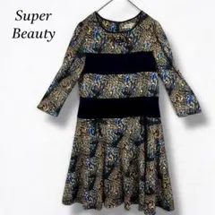 美品❤【スーパービューティー】総柄ワンピース 七分袖 膝丈 ビジュー 異素材
