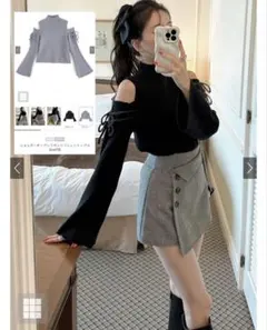 ショルダーオープンリボンリブニットトップスICu473