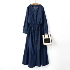 美品 No one knows ノーカラーデニムロングシャツワンピース Vネック