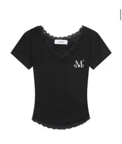 MUCENTムセント 韓国 サニアレースVネック半袖Tシャツ 黒