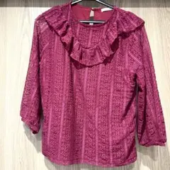 フリル付き七分袖トップス　カットソー　Lサイズ　ボルドー　レース