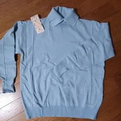 水色 長袖ニットセーター 折り襟