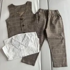 キッズ フォーマル スーツ チェック ブラウン セットアップ 90