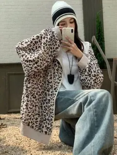 SHEIN ヒョウ柄フード付きフリースジャケット　y2k
