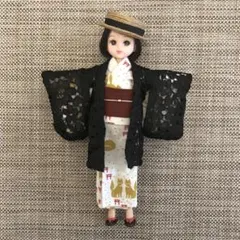 リカちゃん 22cmドール 狐鳥居柄 浴衣 帯 帯締め 黒レース羽織 カンカン帽