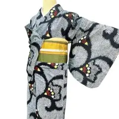 美品 綿絽浴衣 新品レース半幅帯セット 金魚柄 黒地 夏祭り 花火大会