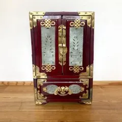 中国製 ジュエリーボックス ミニ箪笥 引き出し付き 装飾金具 観音開き