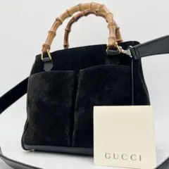 GUCCI 2Way ハンドバッグ ショルダー バンブー スエード レザー 黒のサムネイル