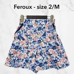 美品 フェルゥ Feroux キュロット パンツ ブルー 花柄 総柄 フレア 夏のサムネイル