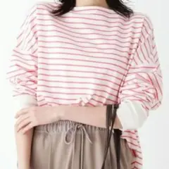 オペークドットクリップ　ボーダー柄 長袖カットソー 白とピンク　ボートネック