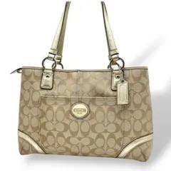 【美品】COACH コーチ トートバッグ シグネチャー ゴールドベージュ　レザー