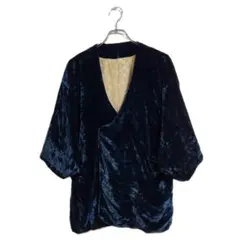 ノーカラージャケット L相当 グリーン系 ベロア調 和風デザイン 羽織り 秋冬