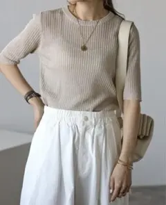 Bonjour Sagan 半袖トップス ニット シースルー ラメ ベージュのサムネイル