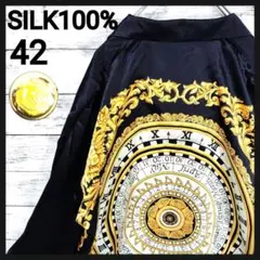 美品【シルク100%】ビッグシルエットアートオープンカラーシャツ　金ボタン　時計のサムネイル