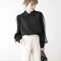 AMELY 長袖 ブラウス シアー袖 ブラックのサムネイル